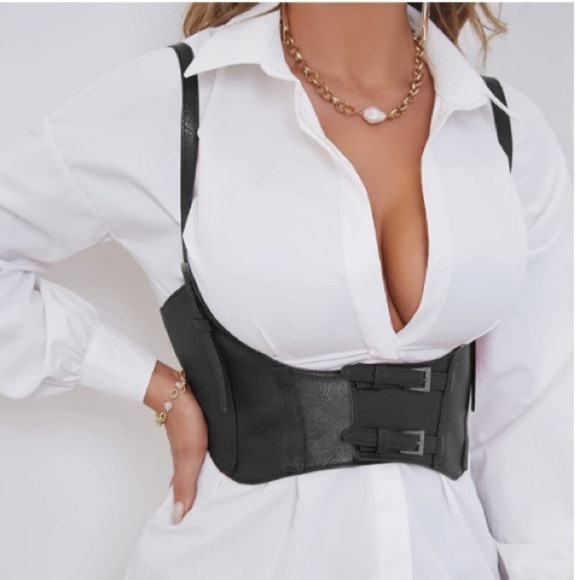 Womens Sexy Steampunk Vegan Black Leather Bustier Underbust Waist Belt Corset - Picture 4 of 7